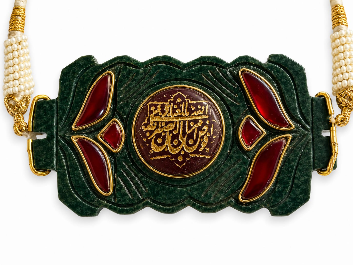 Mughal handmade islamic jade stone pendant studded with black precious stone